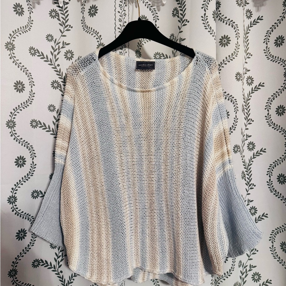Wooden Ships Cream and Light Blue Striped Scoop Neck Sweater